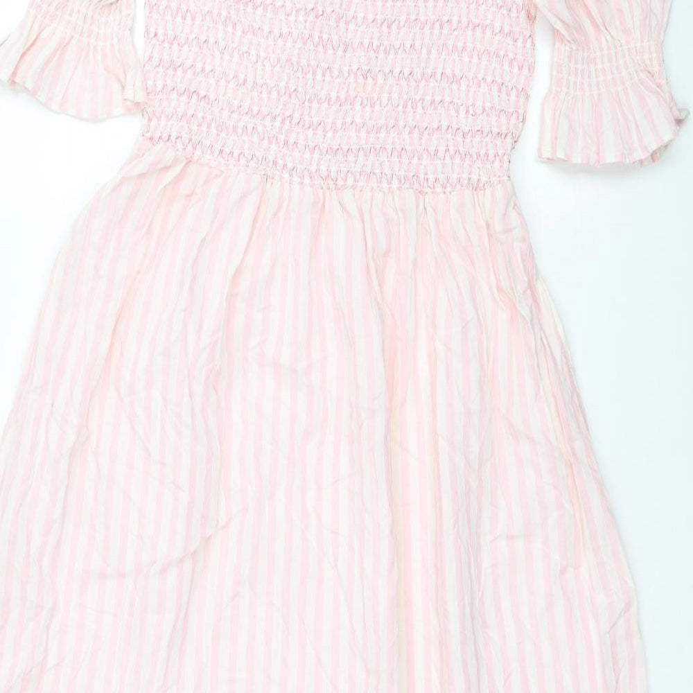 F&F Womens Pink Striped Cotton Fit & Flare Size 12 Square Neck Pullover