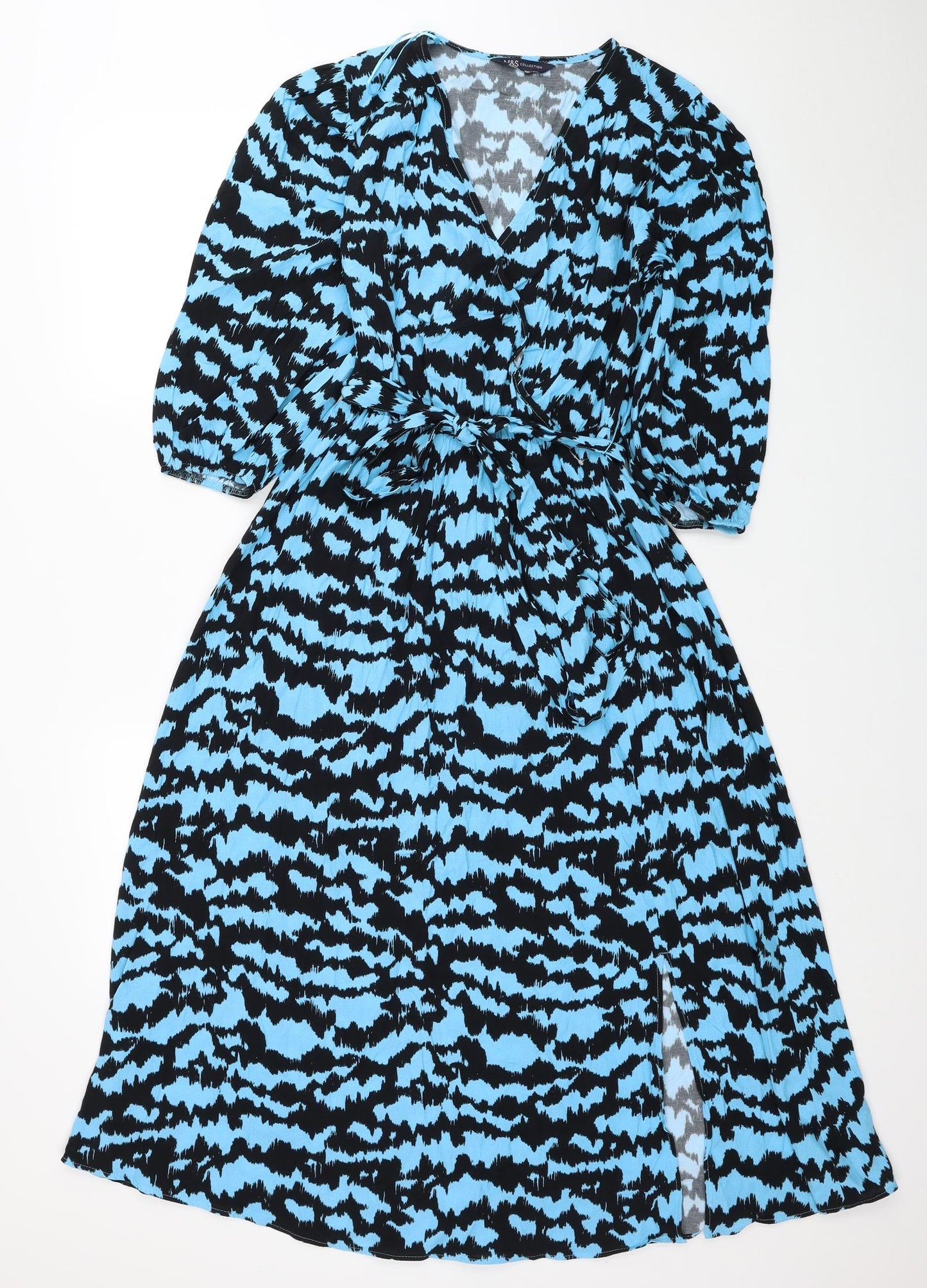 Marks and Spencer Womens Blue Geometric Viscose Fit & Flare Size 8 V-Neck Pullover