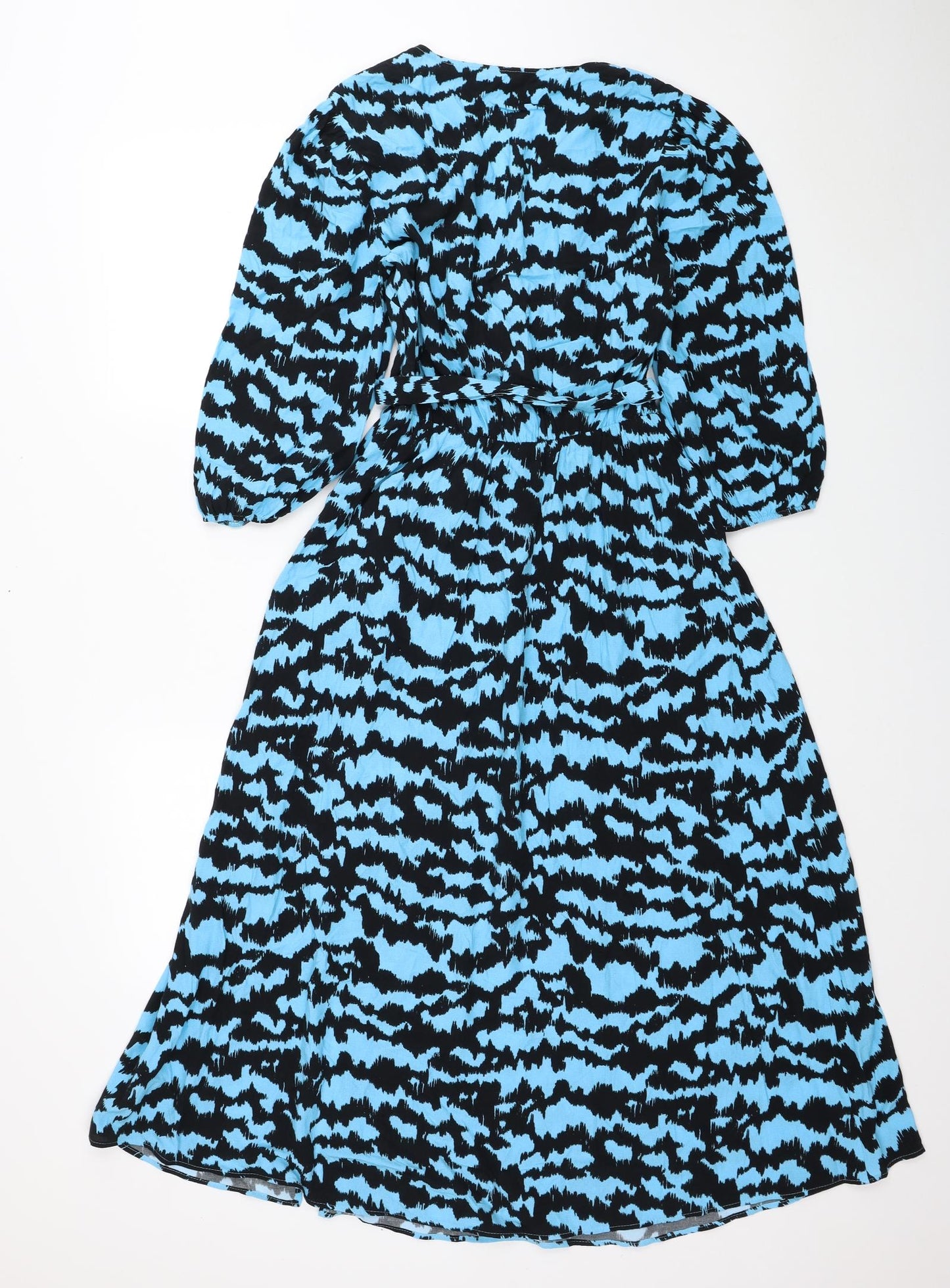 Marks and Spencer Womens Blue Geometric Viscose Fit & Flare Size 8 V-Neck Pullover