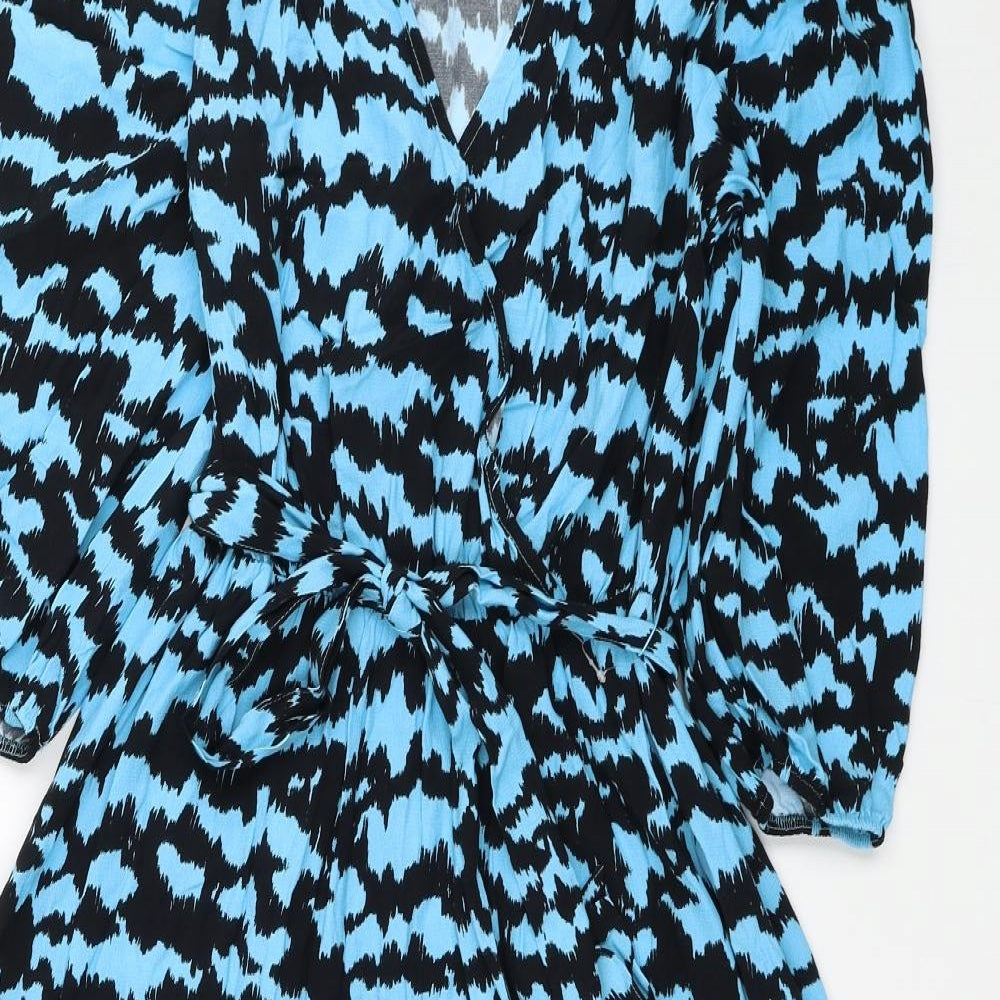 Marks and Spencer Womens Blue Geometric Viscose Fit & Flare Size 8 V-Neck Pullover