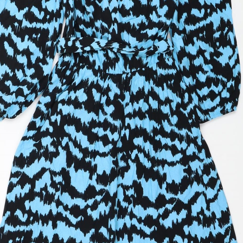 Marks and Spencer Womens Blue Geometric Viscose Fit & Flare Size 8 V-Neck Pullover