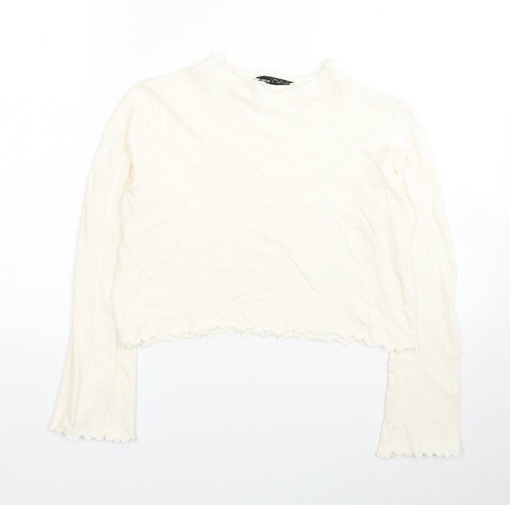 Pull&Bear Womens White Round Neck Cotton Pullover Jumper Size M - Cropped