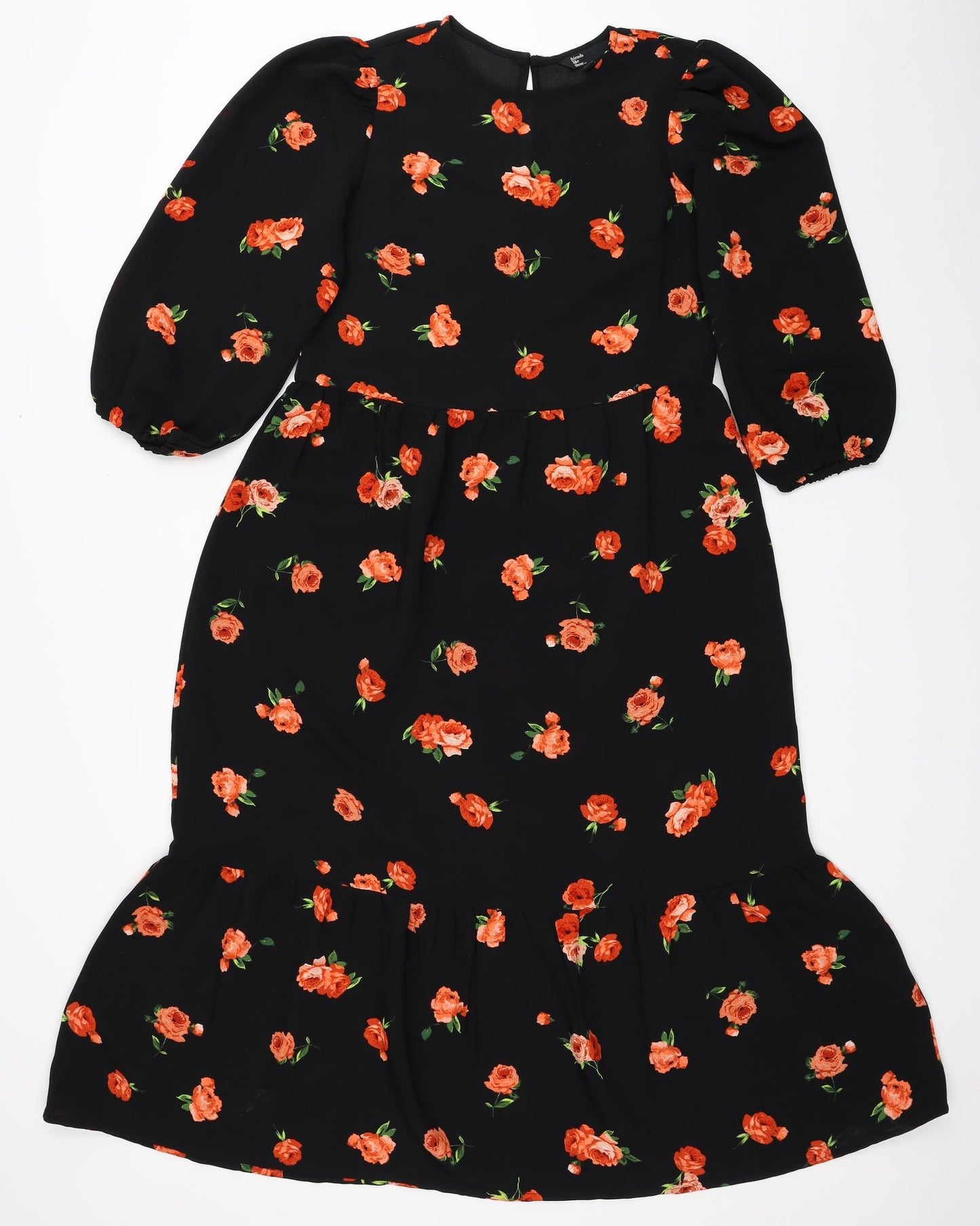 Friends Like These Womens Black Floral Polyester Fit & Flare Size 8 Round Neck Button