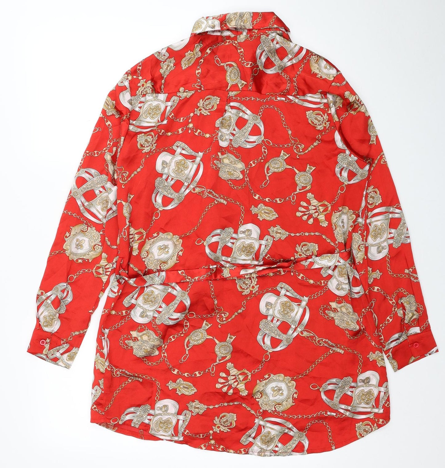 Boohoo Womens Red Geometric Polyester Shirt Dress Size 10 Collared Button