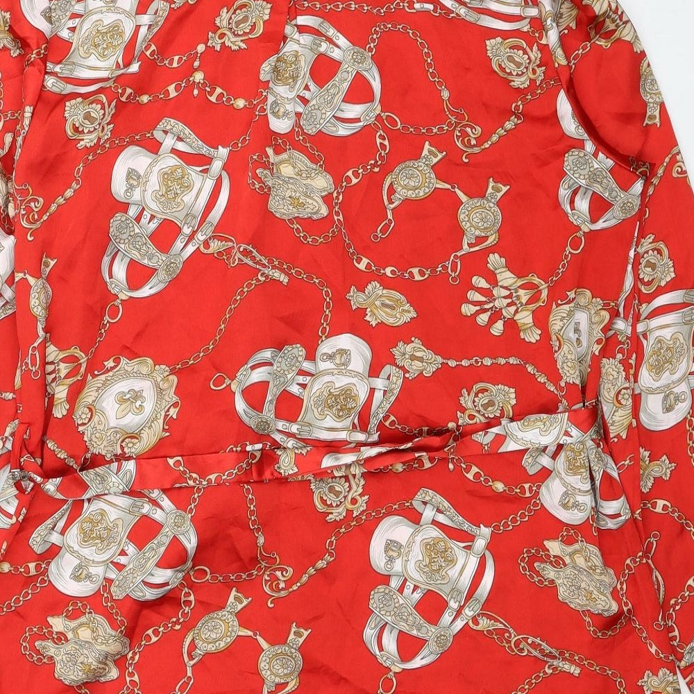 Boohoo Womens Red Geometric Polyester Shirt Dress Size 10 Collared Button