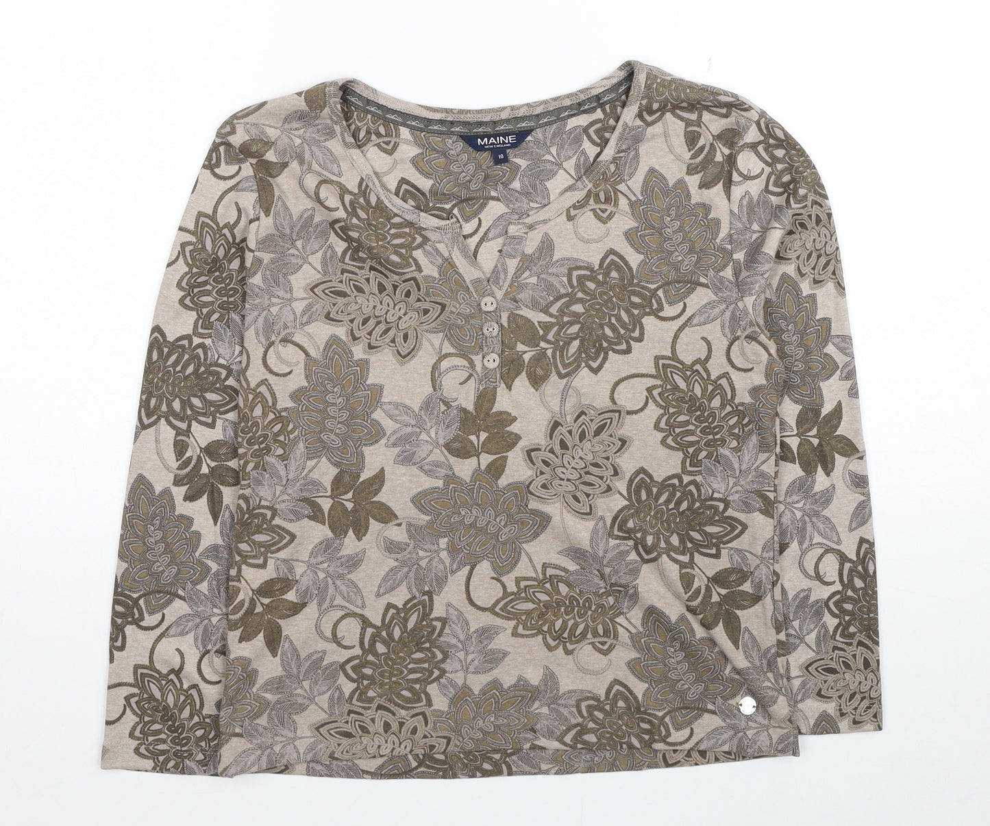 Maine Womens Brown Floral Cotton Jersey T-Shirt Size 14 V-Neck