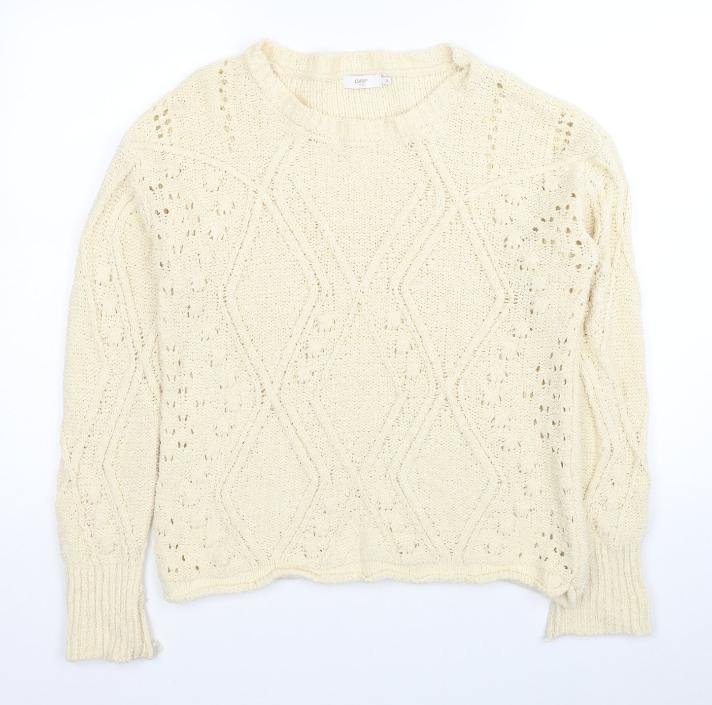Cotton Traders Womens Ivory Round Neck Cotton Pullover Jumper Size 10