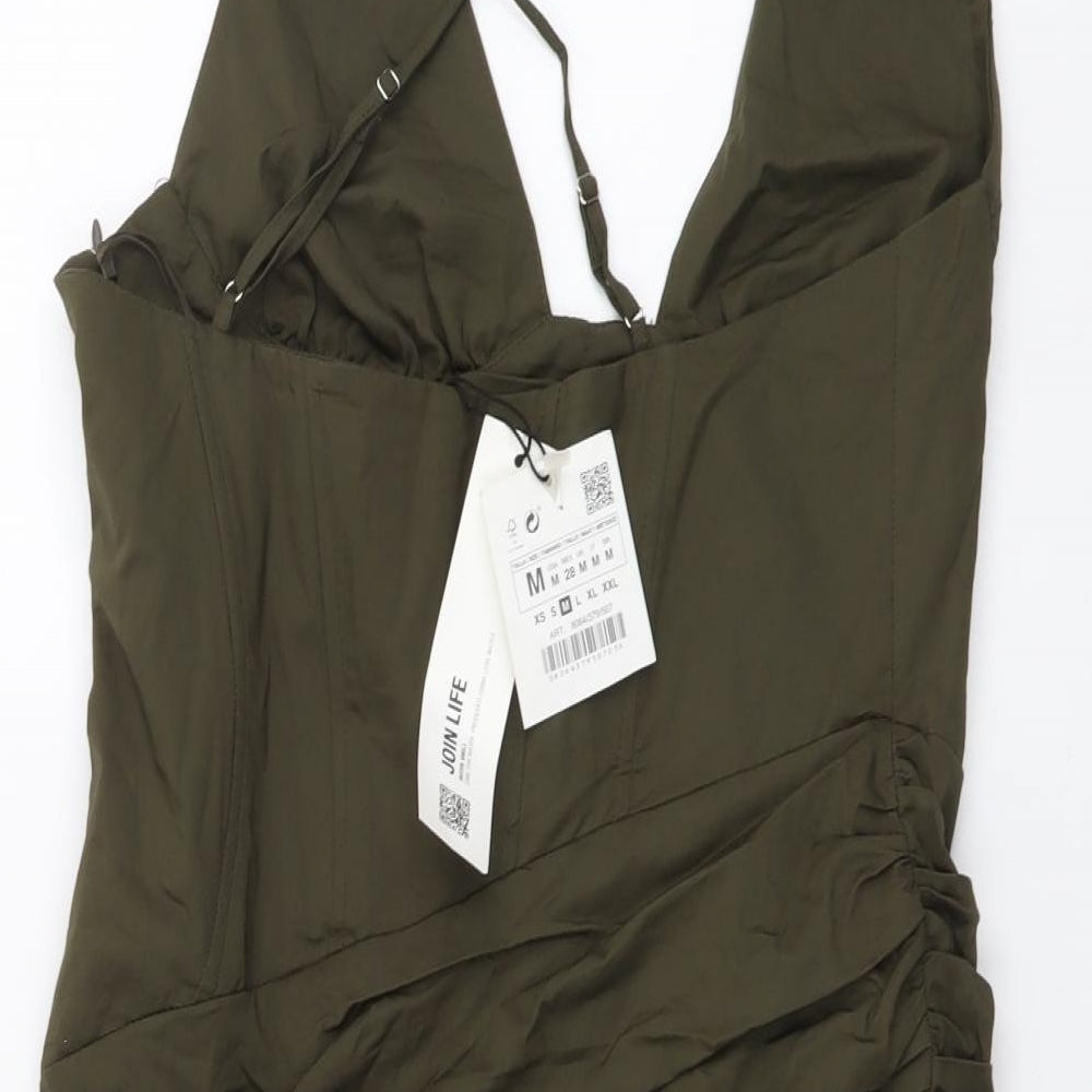 Zara Womens Green Polyester Mini Size M V-Neck Zip