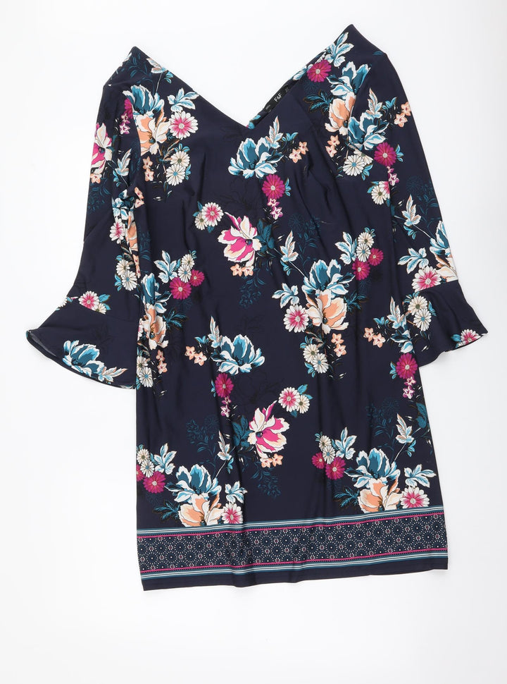 F&F Womens Blue Floral Polyester A-Line Size 12 V-Neck Pullover