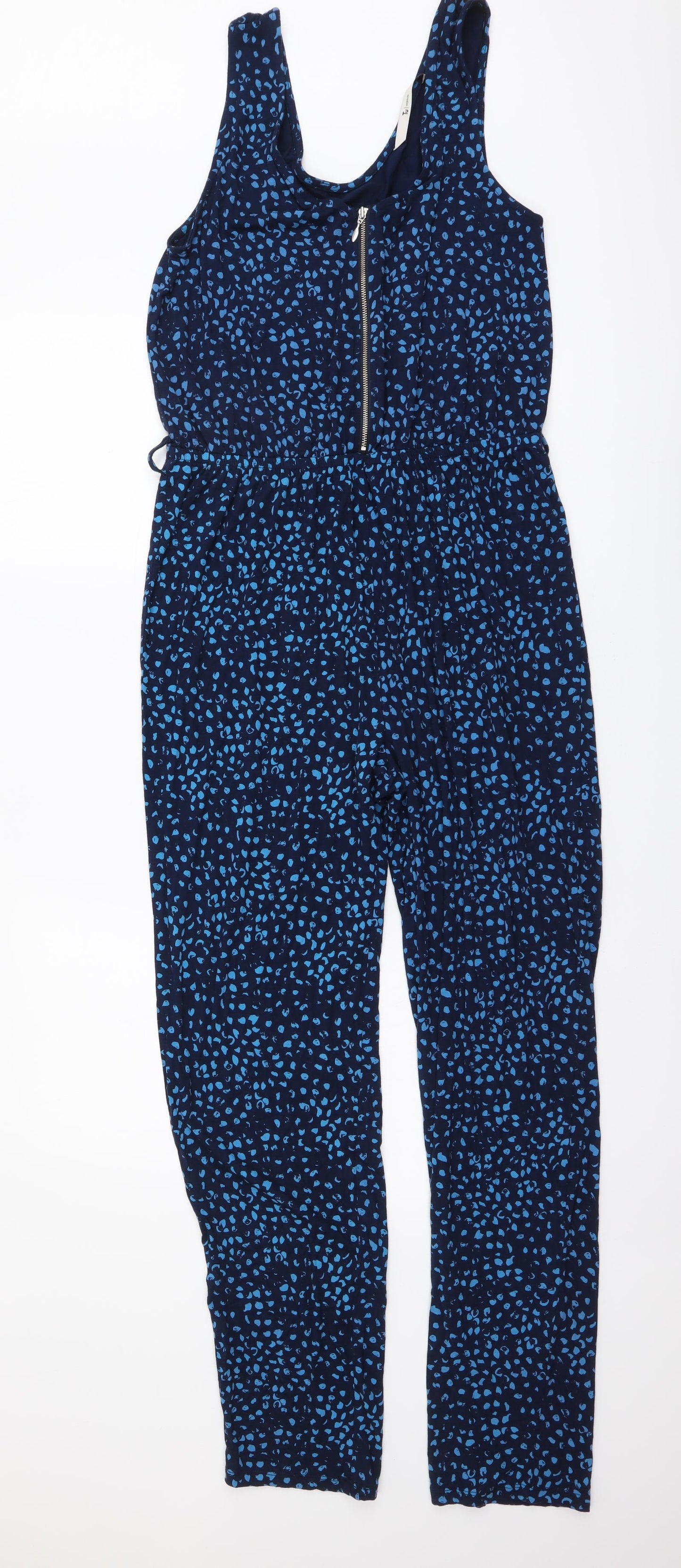 TU Womens Blue Animal Print Viscose Jumpsuit One-Piece Size 10 Zip - Leopard Pattern
