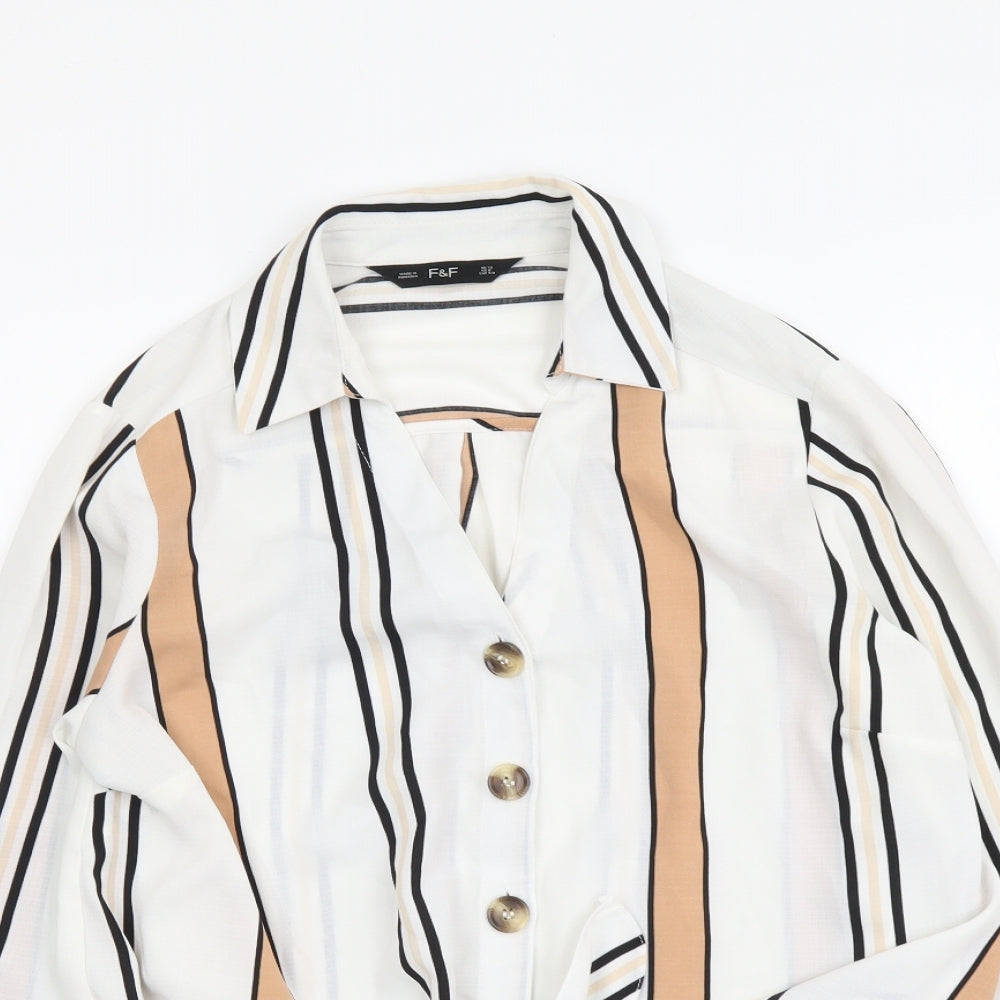 F&F Womens White Striped Polyester Cropped Button-Up Size 12 Collared - Tie Front