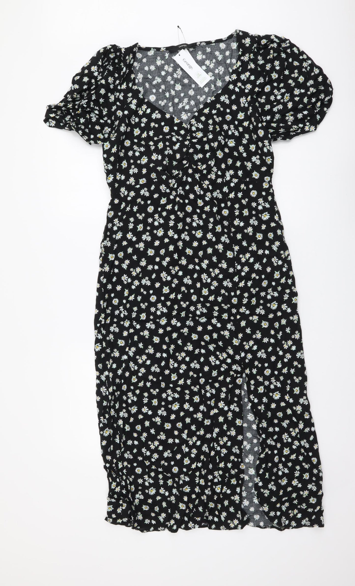 George Womens Black Floral Viscose A-Line Size 12 V-Neck Zip
