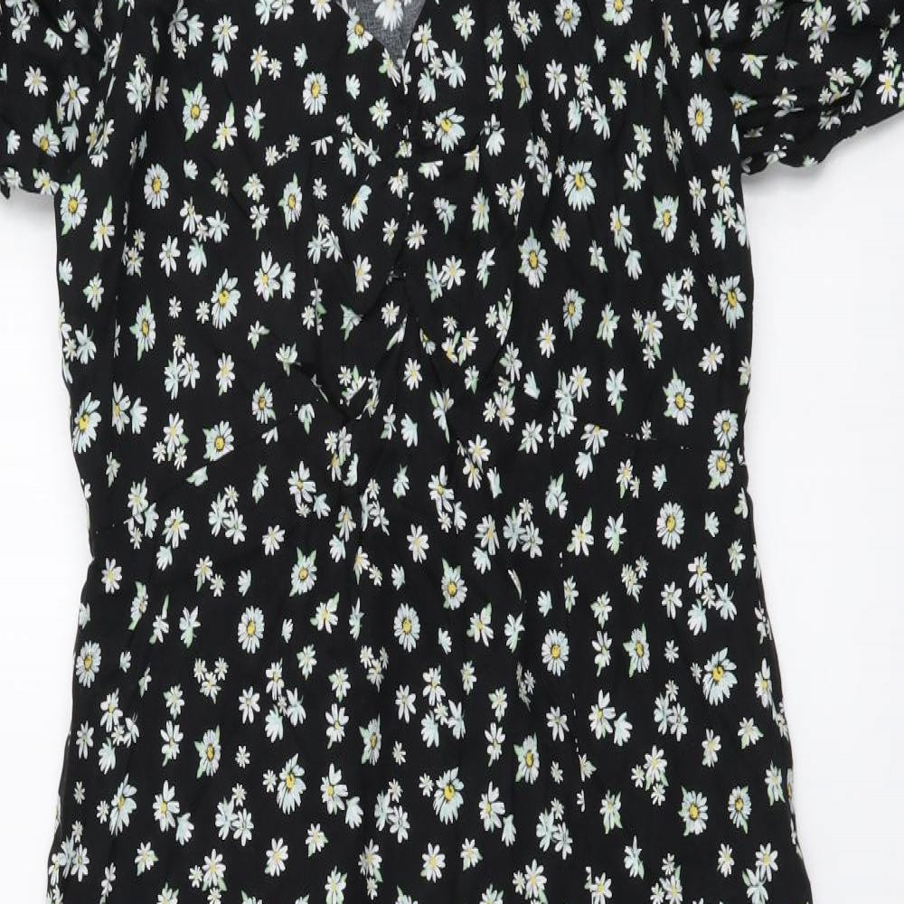 George Womens Black Floral Viscose A-Line Size 12 V-Neck Zip