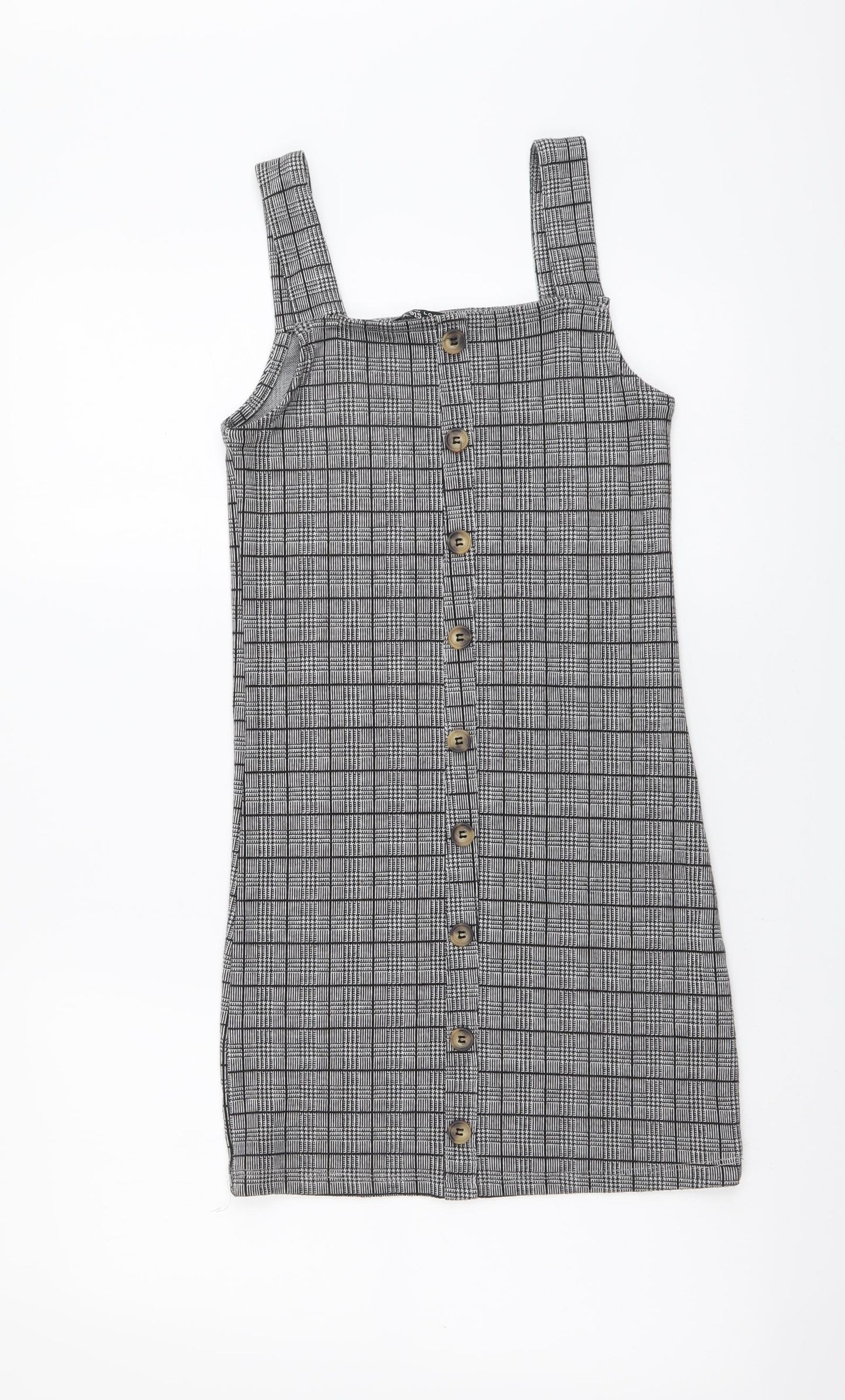 New Look Girls Grey Plaid Polyester Pinafore/Dungaree Dress Size 10-11 Years Square Neck Button