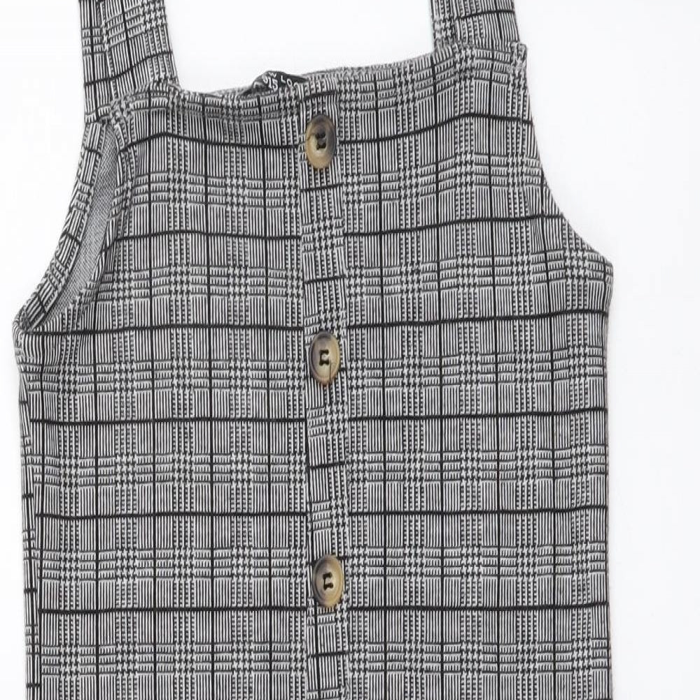 New Look Girls Grey Plaid Polyester Pinafore/Dungaree Dress Size 10-11 Years Square Neck Button