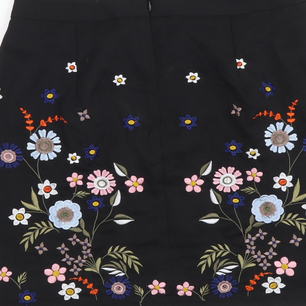 New Look Womens Black Floral Polyester Mini Skirt Size 8 Zip