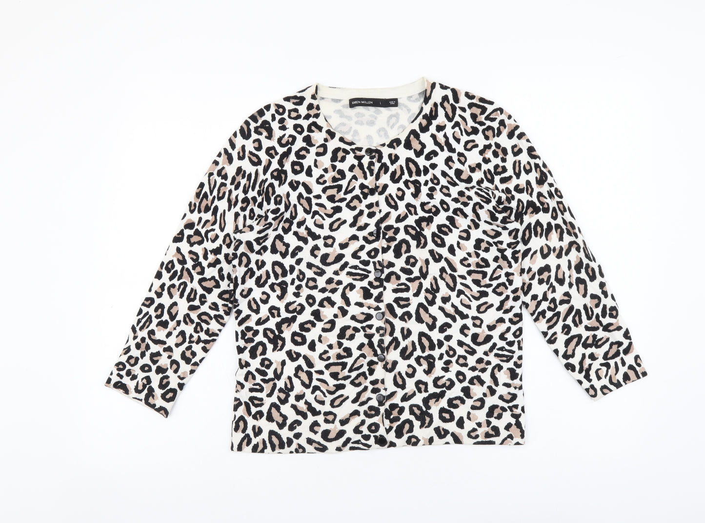 Karen Millen Womens Beige Round Neck Animal Print Viscose Cardigan Jumper Size L - Leopard Pattern