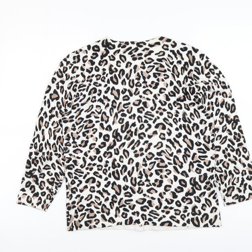 Karen Millen Womens Beige Round Neck Animal Print Viscose Cardigan Jumper Size L - Leopard Pattern