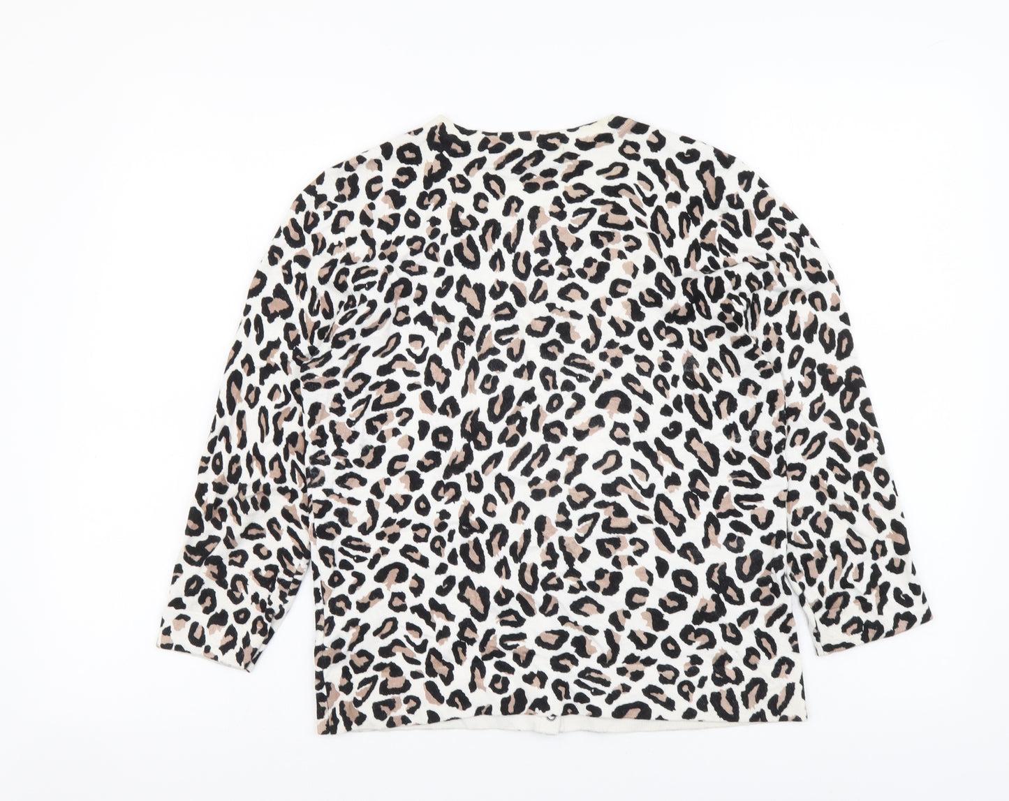 Karen Millen Womens Beige Round Neck Animal Print Viscose Cardigan Jumper Size L - Leopard Pattern