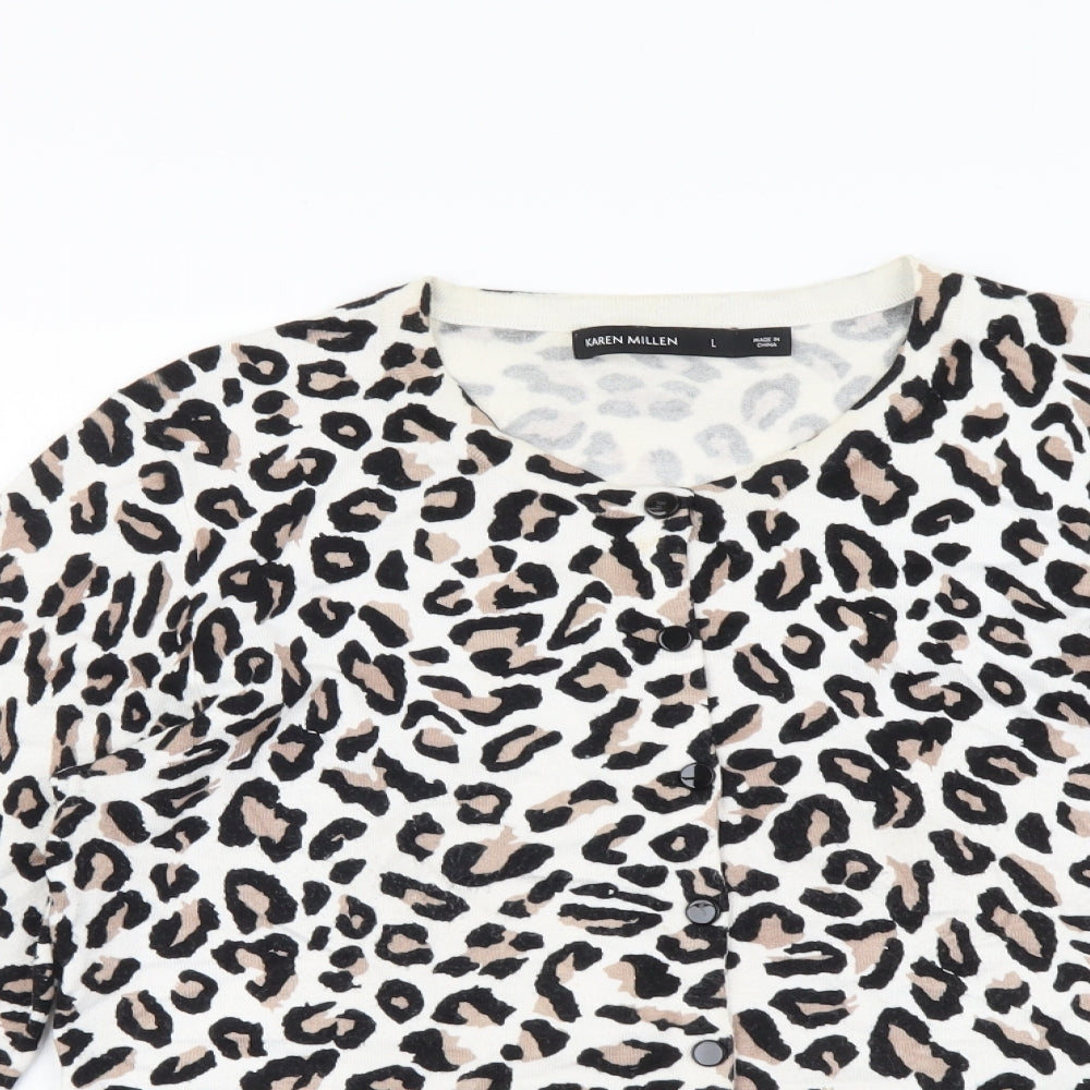 Karen Millen Womens Beige Round Neck Animal Print Viscose Cardigan Jumper Size L - Leopard Pattern