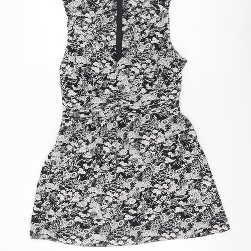 Dorothy Perkins Womens Black Floral Cotton A-Line Size 12 V-Neck Zip
