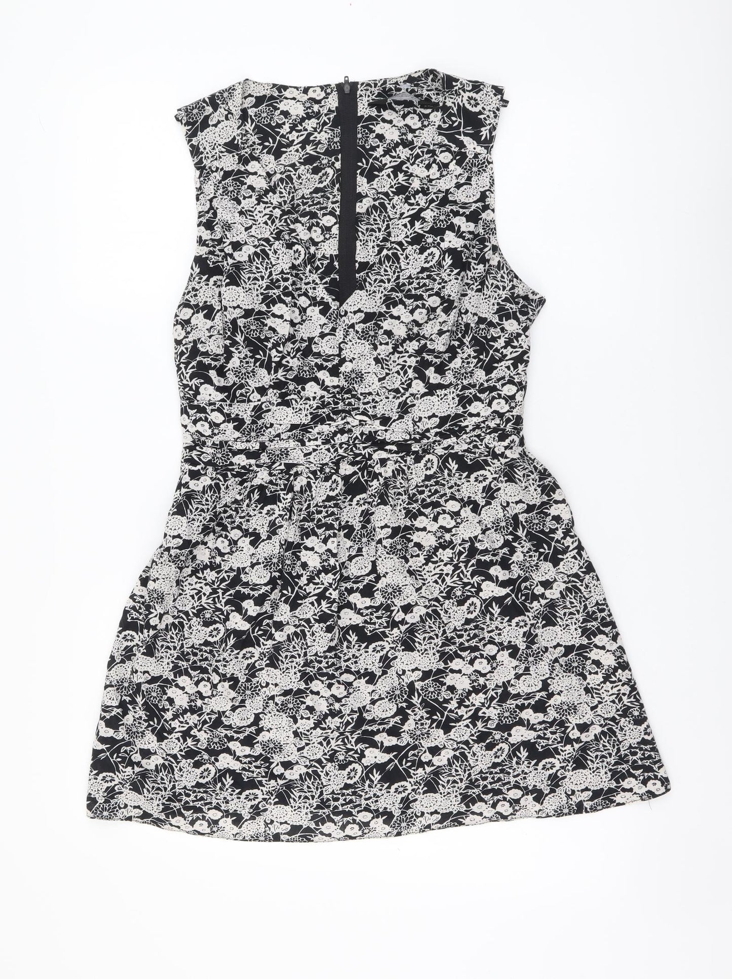 Dorothy Perkins Womens Black Floral Cotton A-Line Size 12 V-Neck Zip