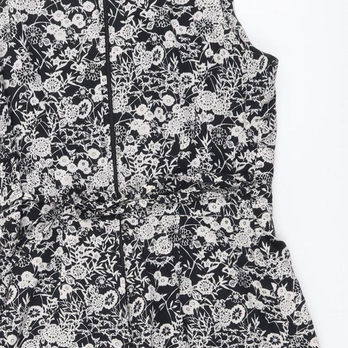 Dorothy Perkins Womens Black Floral Cotton A-Line Size 12 V-Neck Zip