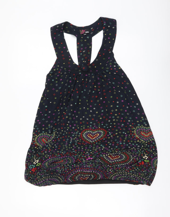 Yumi Womens Black Floral Polyester Basic Tank Size S Scoop Neck