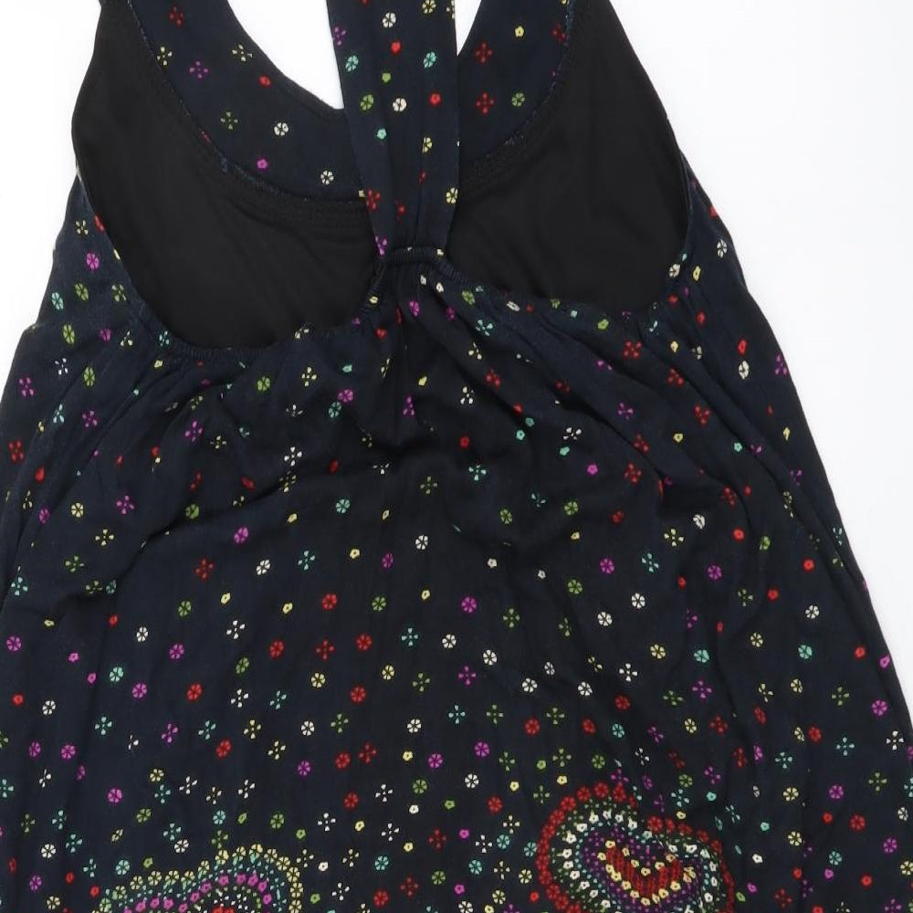 Yumi Womens Black Floral Polyester Basic Tank Size S Scoop Neck