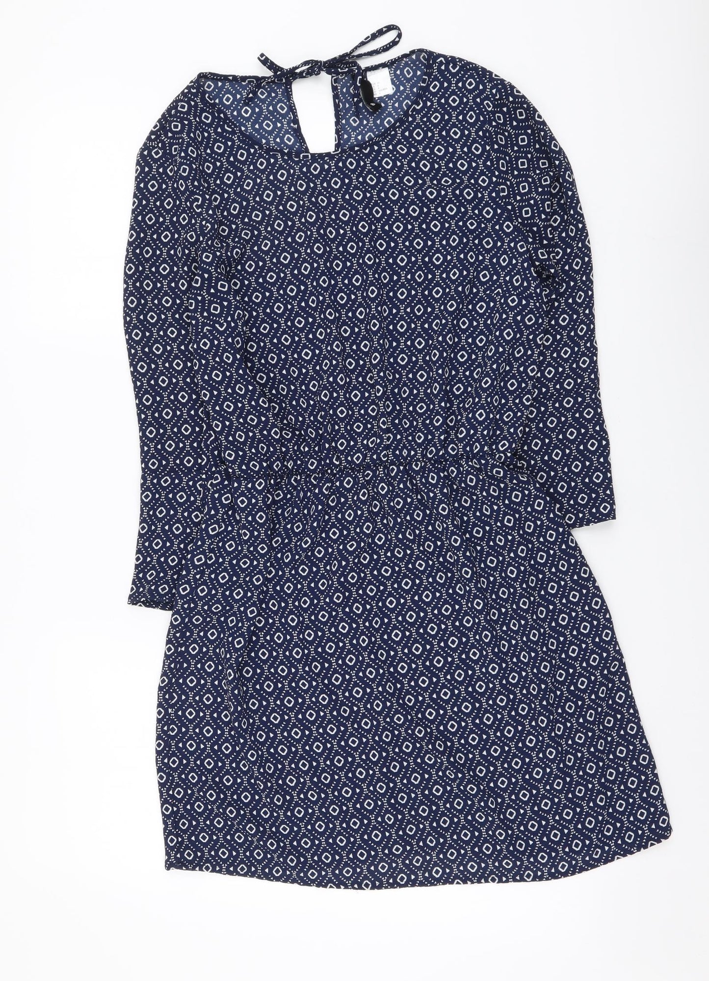 H&M Womens Blue Geometric Polyester Mini Size XS Round Neck Pullover