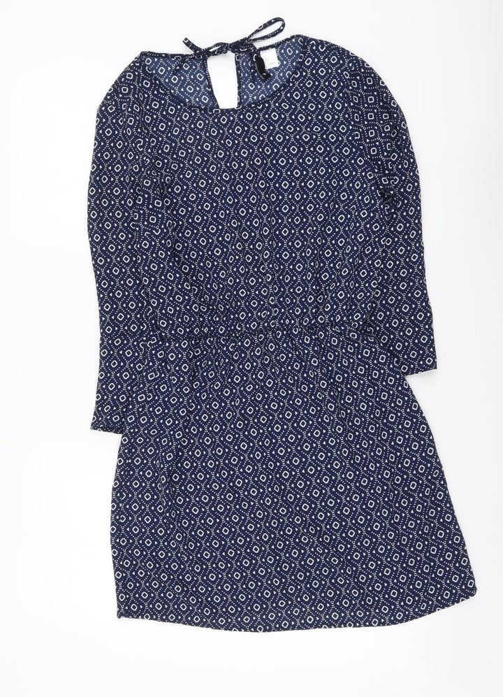 H&M Womens Blue Geometric Polyester Mini Size XS Round Neck Pullover