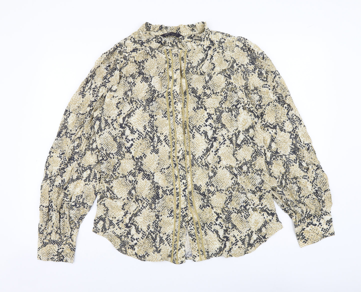 Marks and Spencer Womens Beige Animal Print Viscose Basic Button-Up Size 10 Mock Neck - Snake Pattern