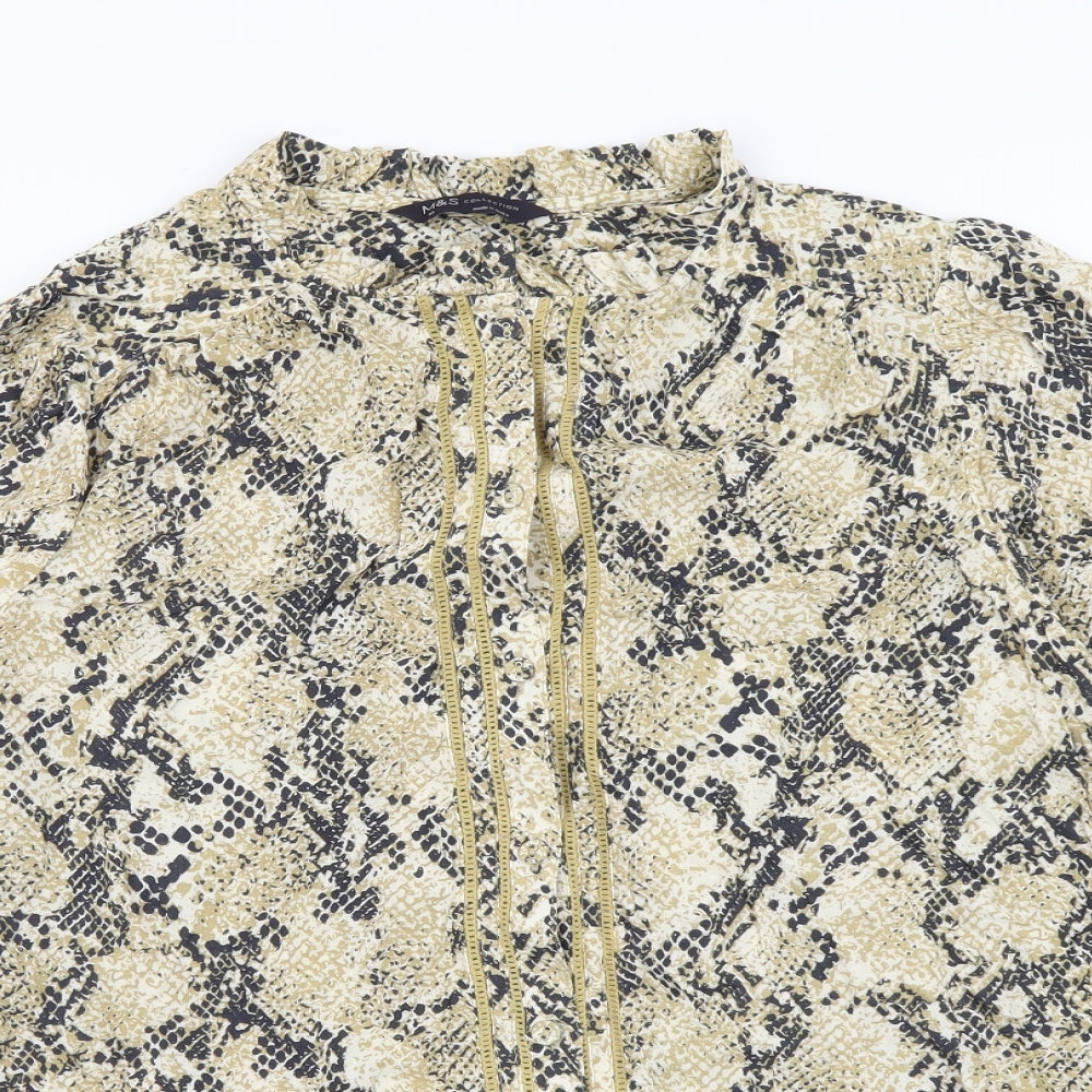 Marks and Spencer Womens Beige Animal Print Viscose Basic Button-Up Size 10 Mock Neck - Snake Pattern