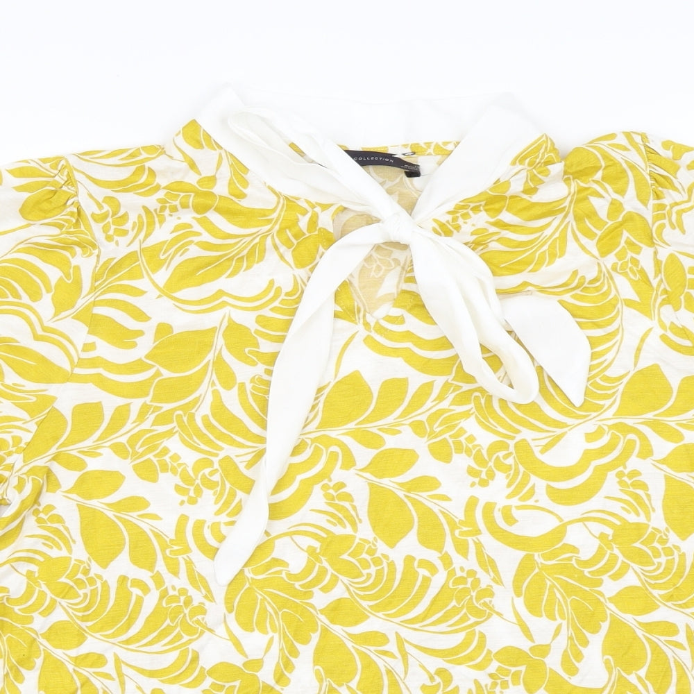 Marks and Spencer Womens Yellow Geometric Viscose Basic T-Shirt Size 14 Round Neck