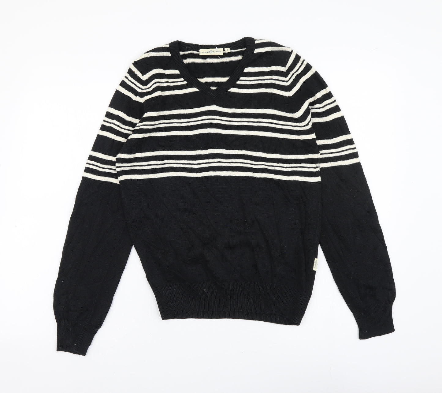 Glenmuir Womens Black V-Neck Striped Cotton Pullover Jumper Size S