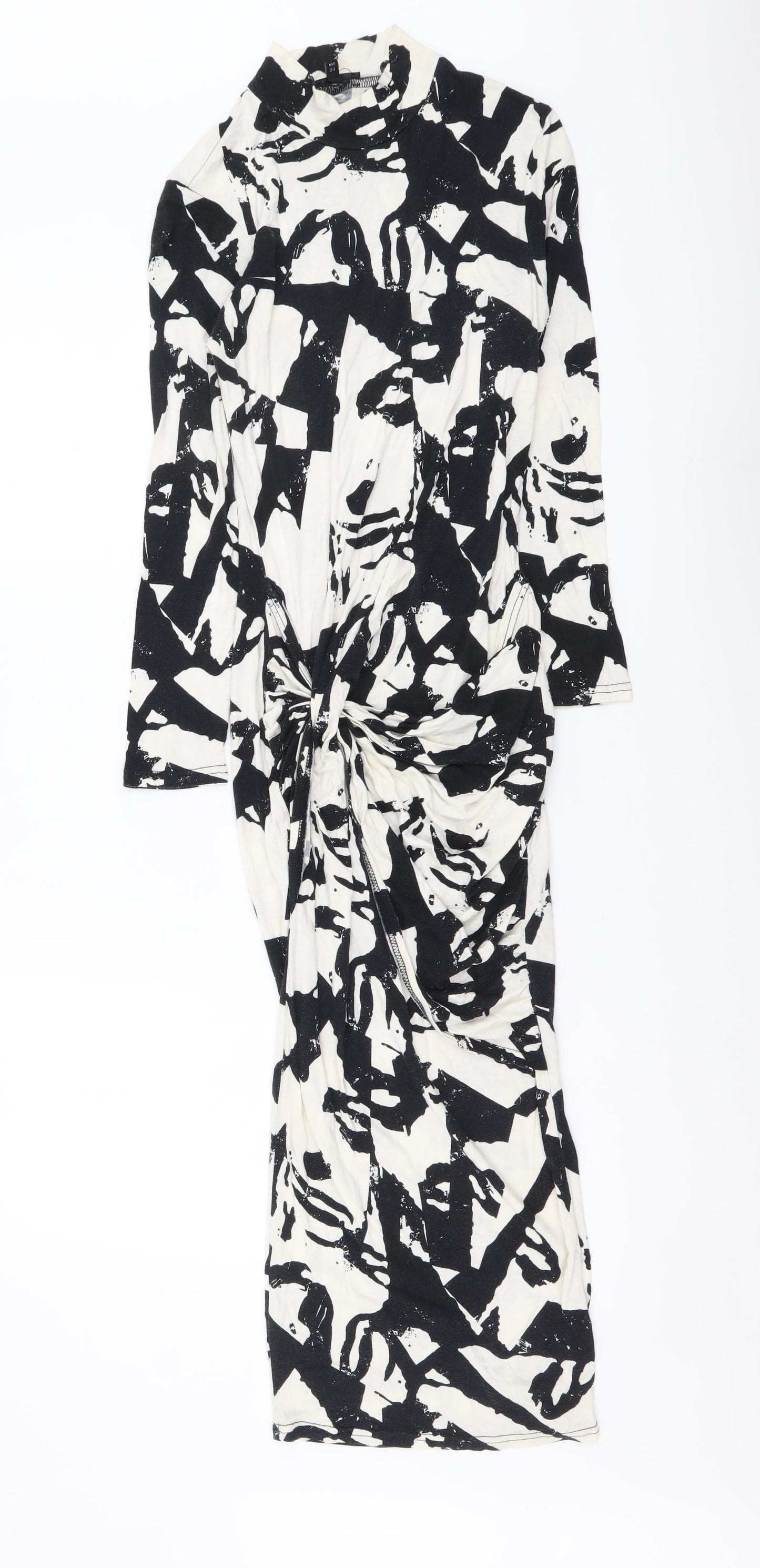 River Island Womens Black Geometric Viscose Bodycon Size 8 Mock Neck Pullover