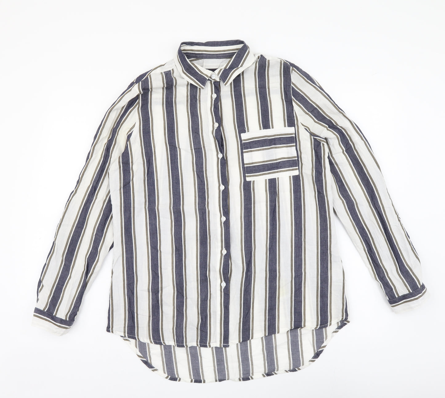 Marks and Spencer Womens Multicoloured Striped Cotton Basic Button-Up Size 12 Collared