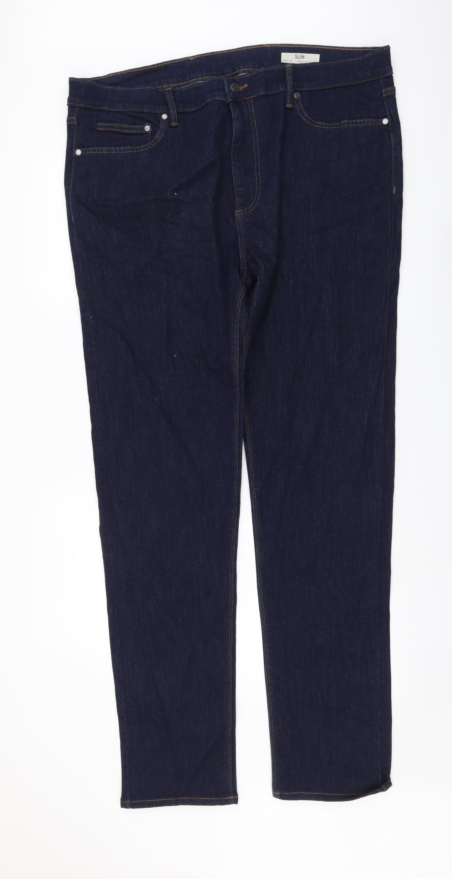 Marks and Spencer Mens Blue Cotton Straight Jeans Size 40 in L35 in Slim Button