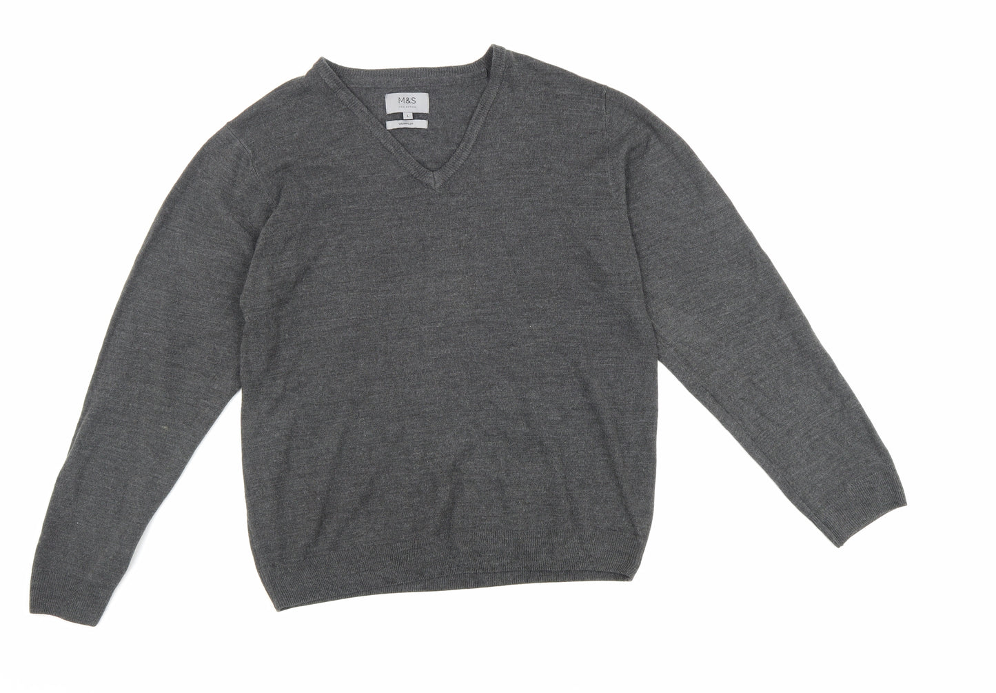 Marks and Spencer Mens Grey V-Neck Acrylic Pullover Jumper Size L