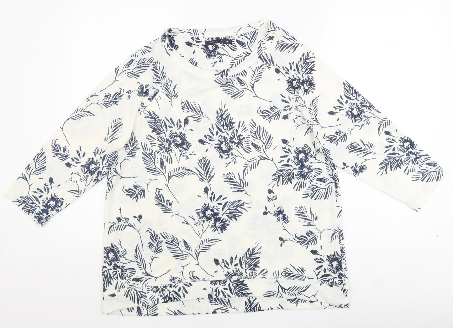 Marks and Spencer Womens White Polyester Basic Blouse Size 14 Round Neck - Flowers