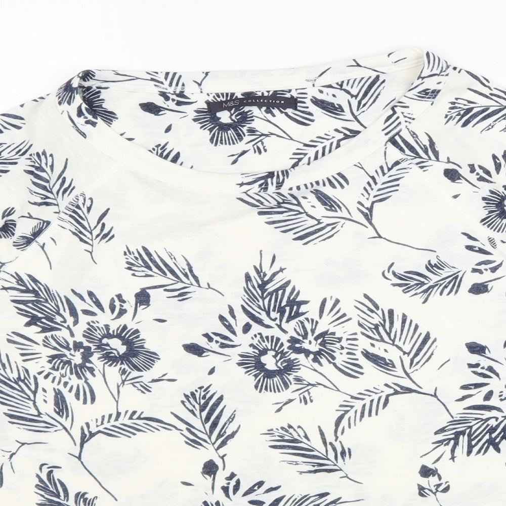Marks and Spencer Womens White Polyester Basic Blouse Size 14 Round Neck - Flowers