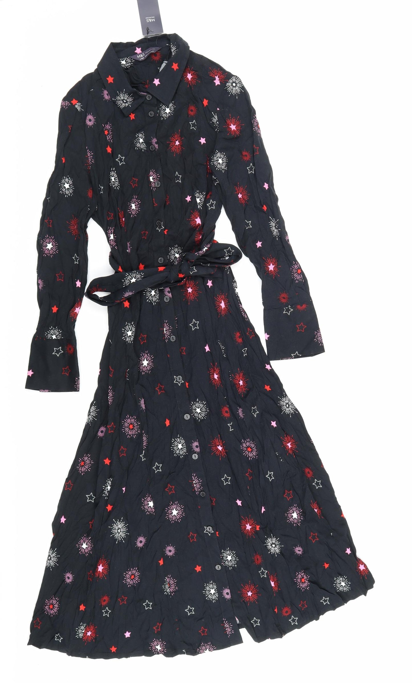 Marks and Spencer Womens Black Viscose Shirt Dress Size 8 Collared Button - Stars