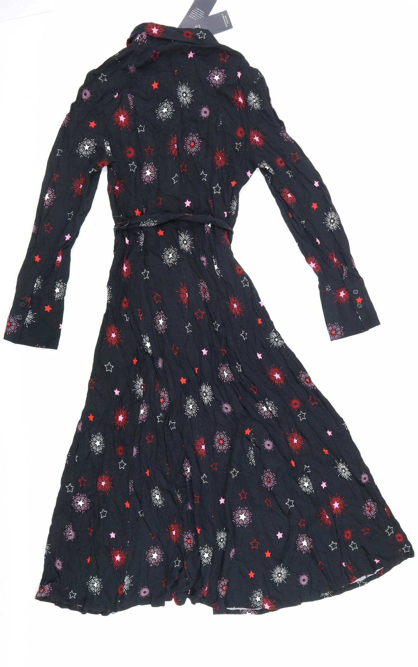 Marks and Spencer Womens Black Viscose Shirt Dress Size 8 Collared Button - Stars