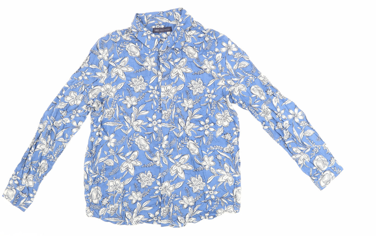 Marks and Spencer Womens Blue Floral Modal Basic Button-Up Size 14 Collared