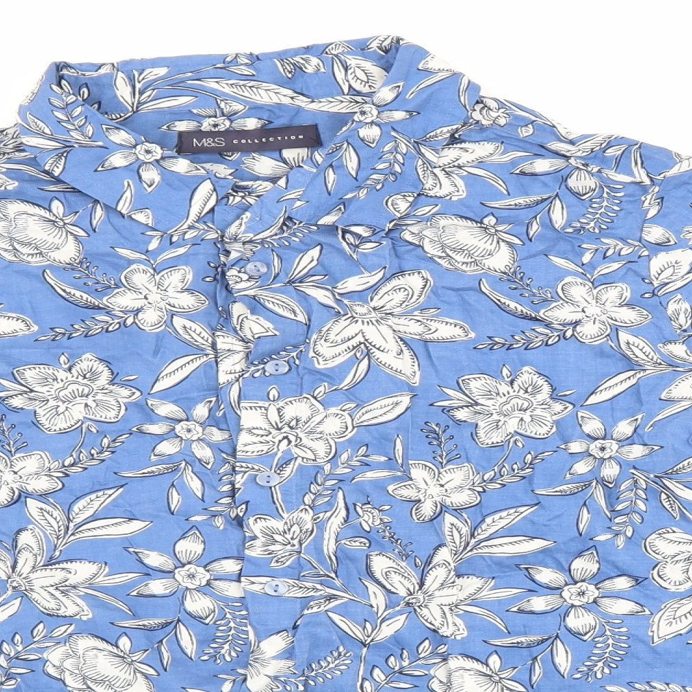 Marks and Spencer Womens Blue Floral Modal Basic Button-Up Size 14 Collared
