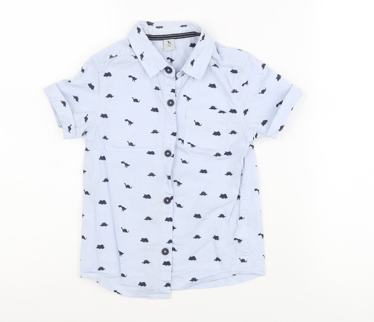 TU Boys Blue Geometric 100% Cotton Basic Button-Up Size 2-3 Years Collared Button - Dinosaurs