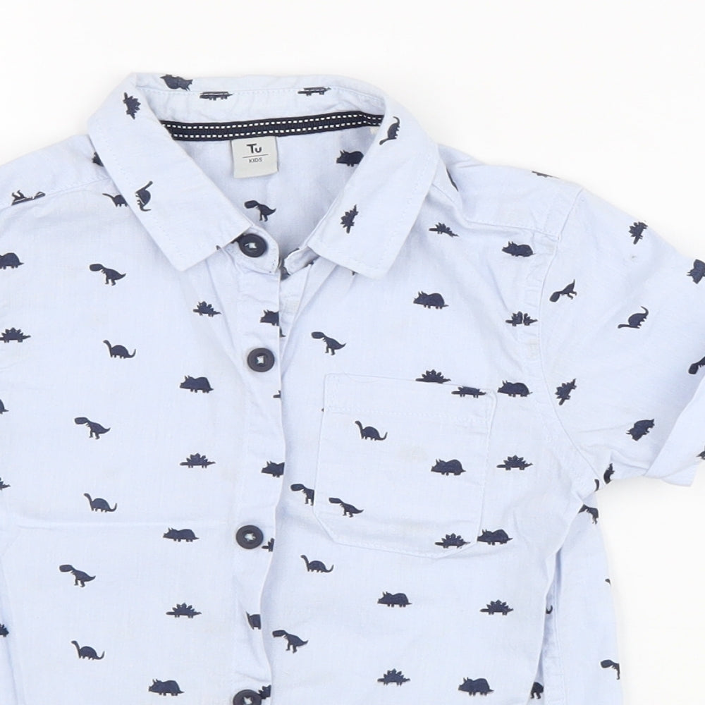 TU Boys Blue Geometric 100% Cotton Basic Button-Up Size 2-3 Years Collared Button - Dinosaurs