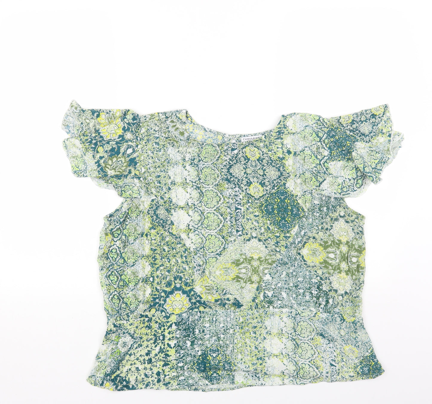 Blue Diamond Womens Green Geometric Viscose Basic Blouse Size L Round Neck