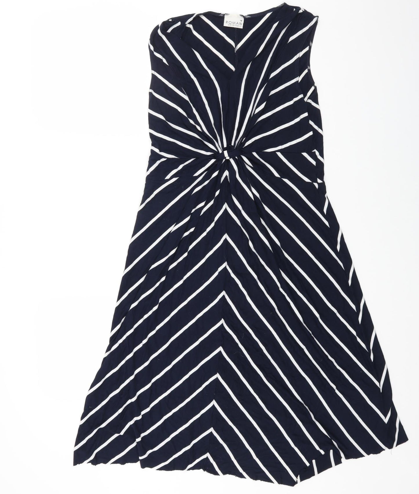 Roman Womens Blue Striped Cotton Maxi Size 18 V-Neck Pullover