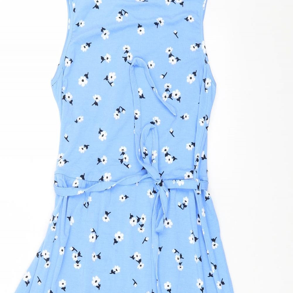 Dorothy Perkins Womens Blue Floral Cotton A-Line Size 10 Mock Neck Button